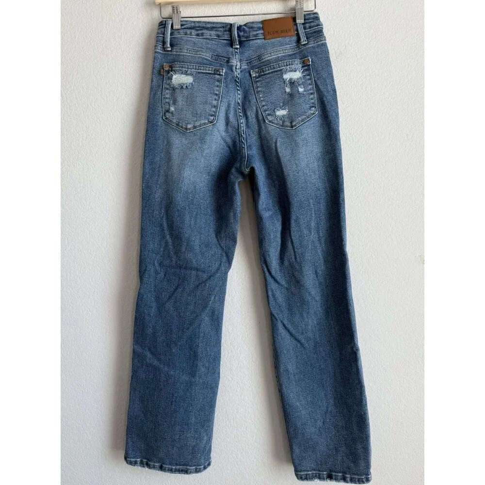 Judy Blue Jeans Women’s 7/28 Straight Fit Mid Rise Distressed Stretch‎ Denim